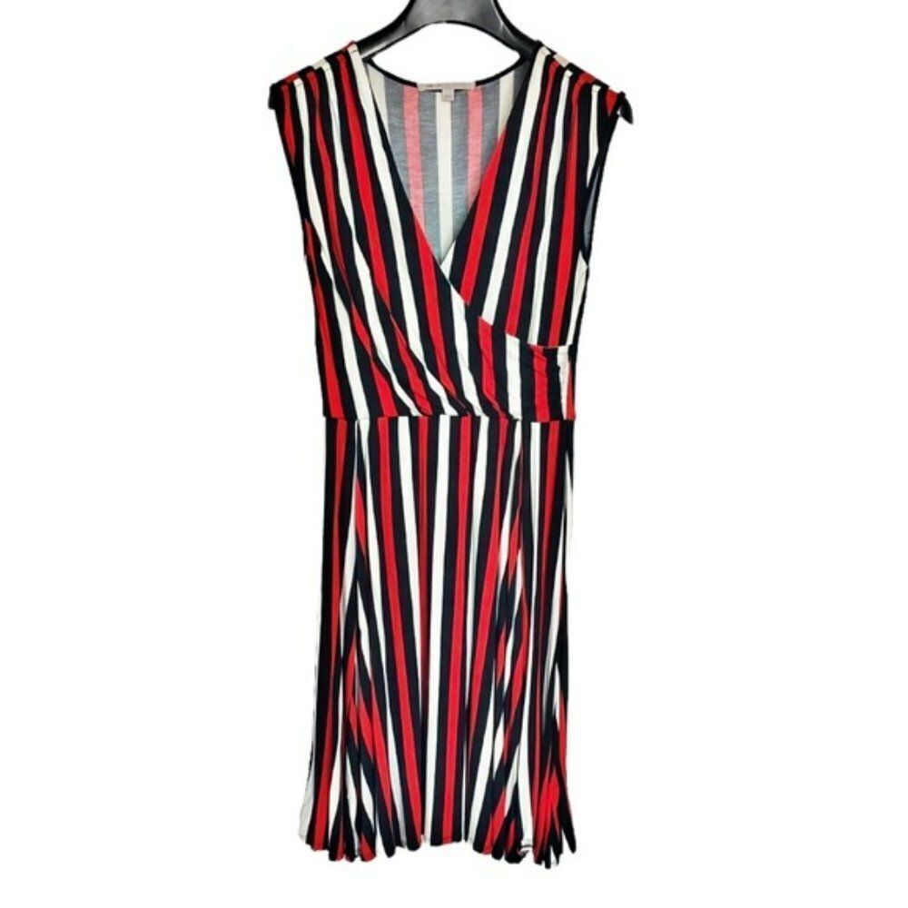 Gap Midi color block strip navy/red print work dress Faux wrap jersey XS